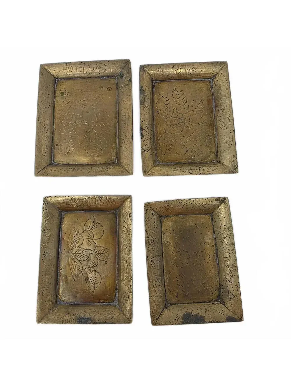 Vintage Engraved Brass Tone Nesting Trays Set of 4 Floral Trinket Dishes